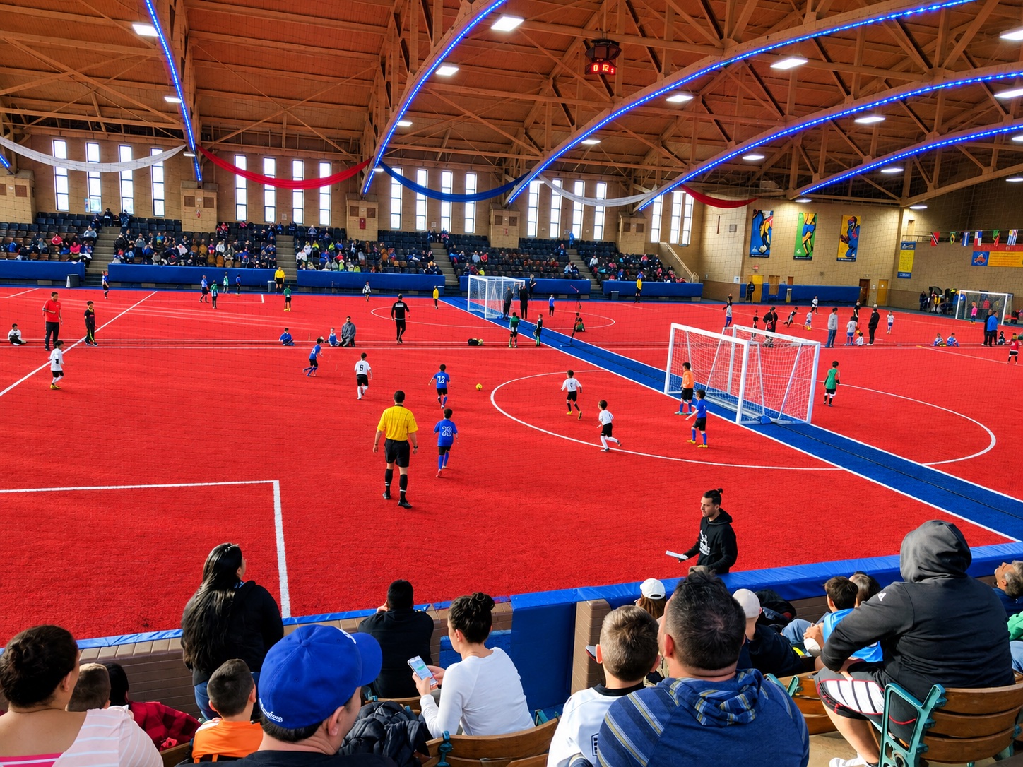 Youth soccer games on the red turf at The Soccer Coliseum